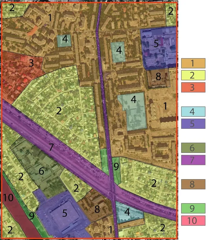 Дешифрирование по снимку функциональных зон города. Цифрами обозначены: Жилая зона: 1 —Многоэтажная застройка (3 этажа и выше), 2 —Малоэтажная застройка (1–2 этажа, в том числе с земельными участками); Общественно-деловая зона: 4 —Объекты социально-культурного назначения (администрация, учебные заведения, детские сады, медицинские учреждения, спортивные сооружения), 5 —Объекты торговли (торговые центры, рынки); Промышленно-транспортная зона: 6 —Промышленные предприятия (заводы, фабрики), 7 —Объекты транспорта (городские магистрали, стоянки автотранспорта, гаражи; железнодорожные пути с полосой отвода); Зона специального назначения: 8 —Объекты коммунального хозяйства, склады, мелкие предприятия; Природно-рекреационная зона: 9 —Зеленые насаждения (скверы, парки) 10— Водные объекты (река, озера) Дешифрирование по снимку функциональных зон города