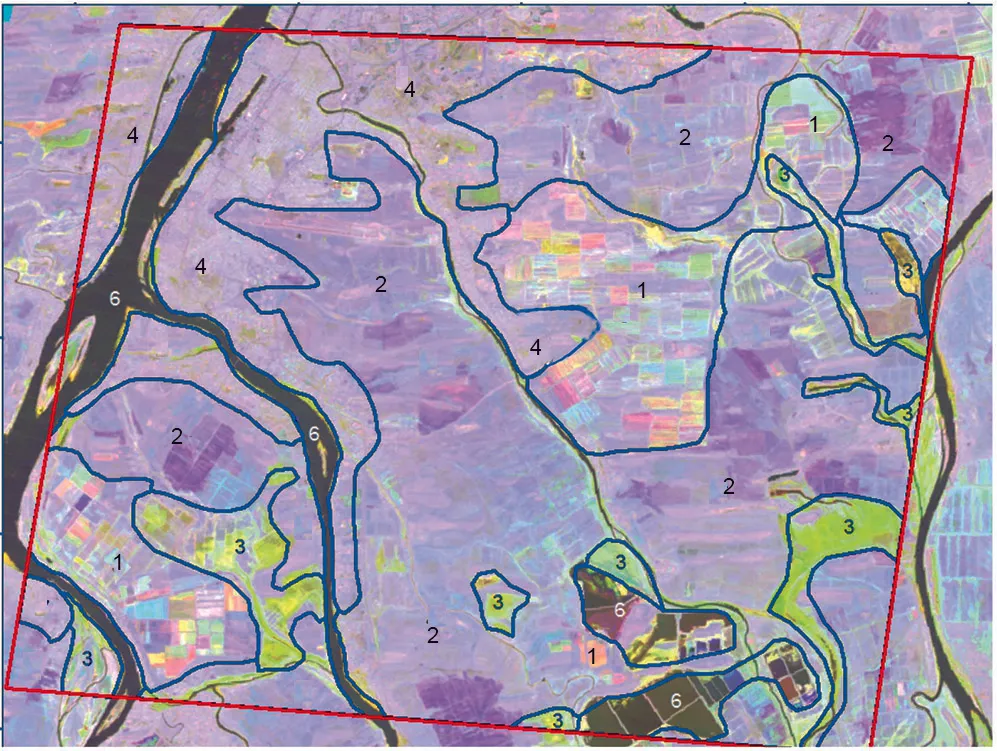 Использование признака сезонной изменчивости при дешифрировании основных видов использования земель участка в дельте Волги на многовременном синтезированном снимке. Цифрами обозначены 1 - Сельскохозяйственные поля, обрабатываемые в текущем году ; 2 - Необрабатываемые земли – залежи; 3 - Луговая растительность на заливаемых участках; 4 - Населенные пункты; 5 - Тростниковые заросли плавневого типа; 6 - Водные объекты (протоки, пруды) Использование признака сезонной изменчивости при дешифрировании основных видов использования земель участка в дельте Волги на многовременном синтезированном снимке. Цифрами обозначены 1 - Сельскохозяйственные поля, обрабатываемые в текущем году ; 2 - Необрабатываемые земли – залежи; 3 - Луговая растительность на заливаемых участках; 4 - Населенные пункты; 5 - Тростниковые заросли плавневого типа; 6 - Водные объекты (протоки, пруды)