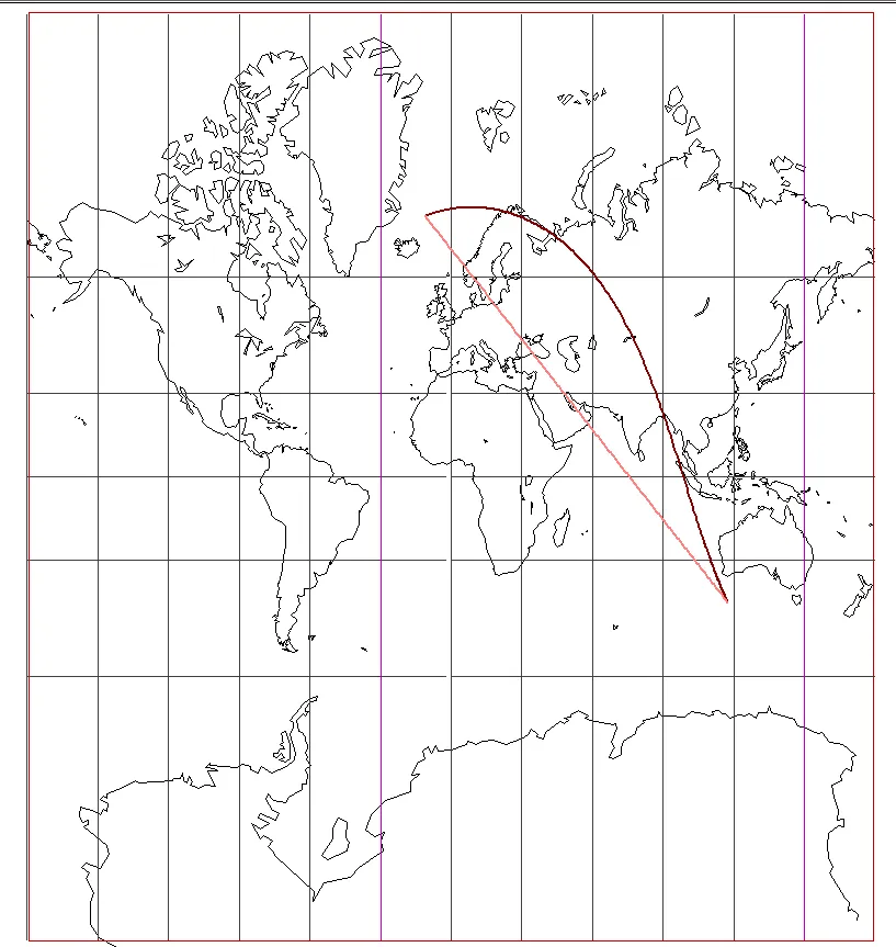 Изображение локсодромии и ортодромии в проекции Меркатора Изображение локсодромии и ортодромии в проекции Меркатора