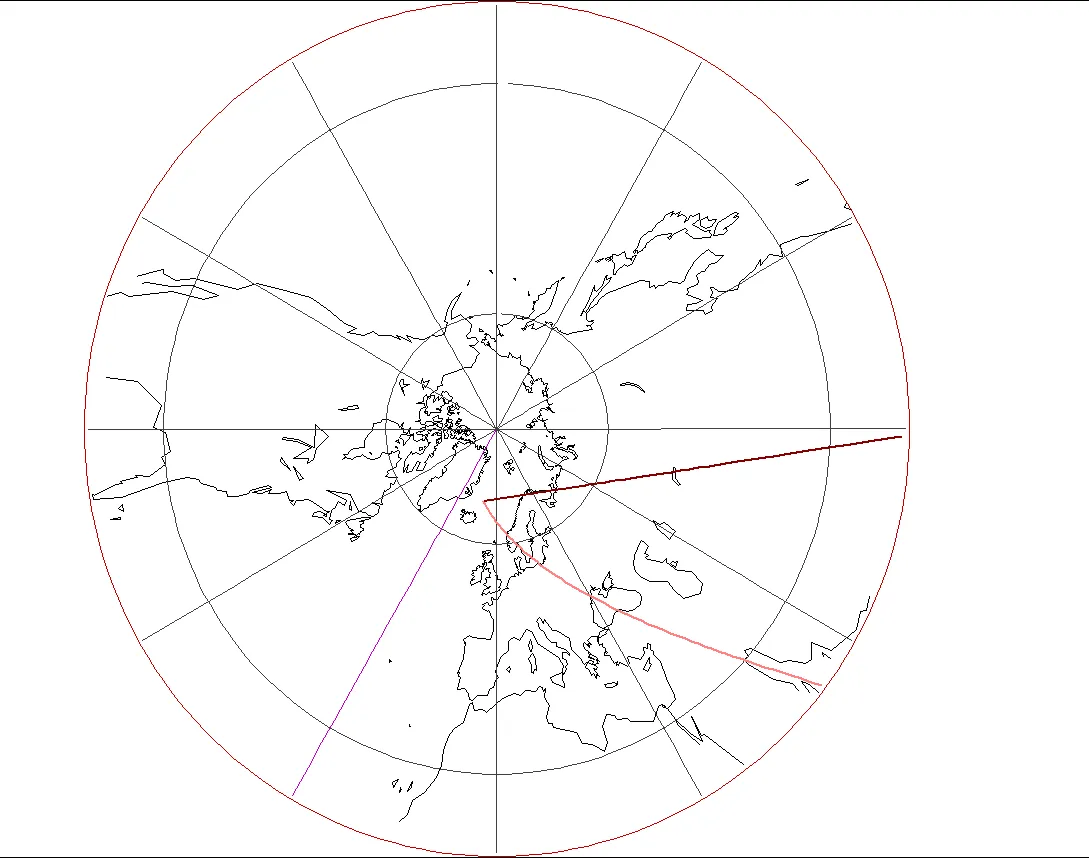 Изображение локсодромии и ортодромии в гномонической проекции Изображение локсодромии и ортодромии в гномонической проекции