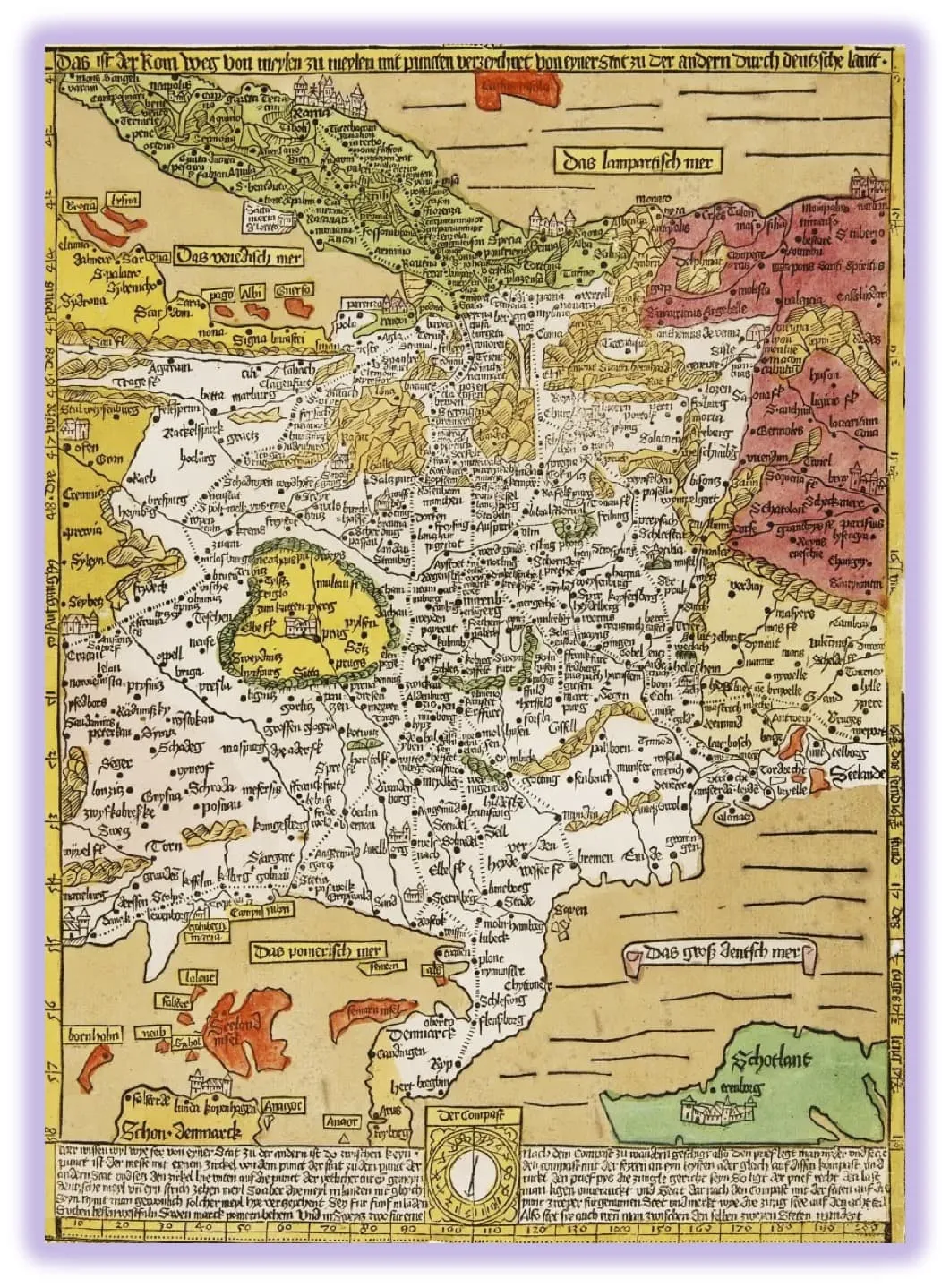 «Это путь в Рим, показанный точками миля за милей от одного города к другому через германские земли» / Эрхард Этцлауб. [Нюренберг], 1500 г.